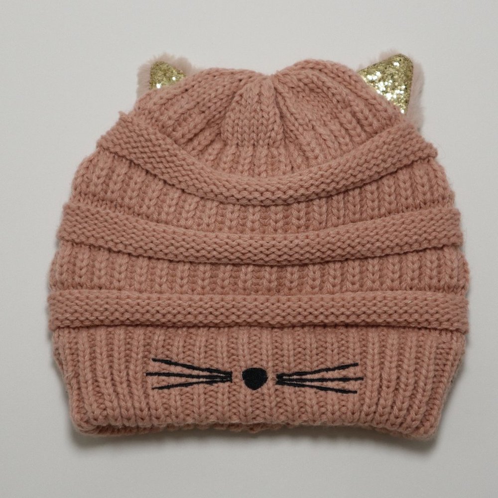 Blush Pink Cat Kitty Gold  Knit Beanie Hat Whisker
